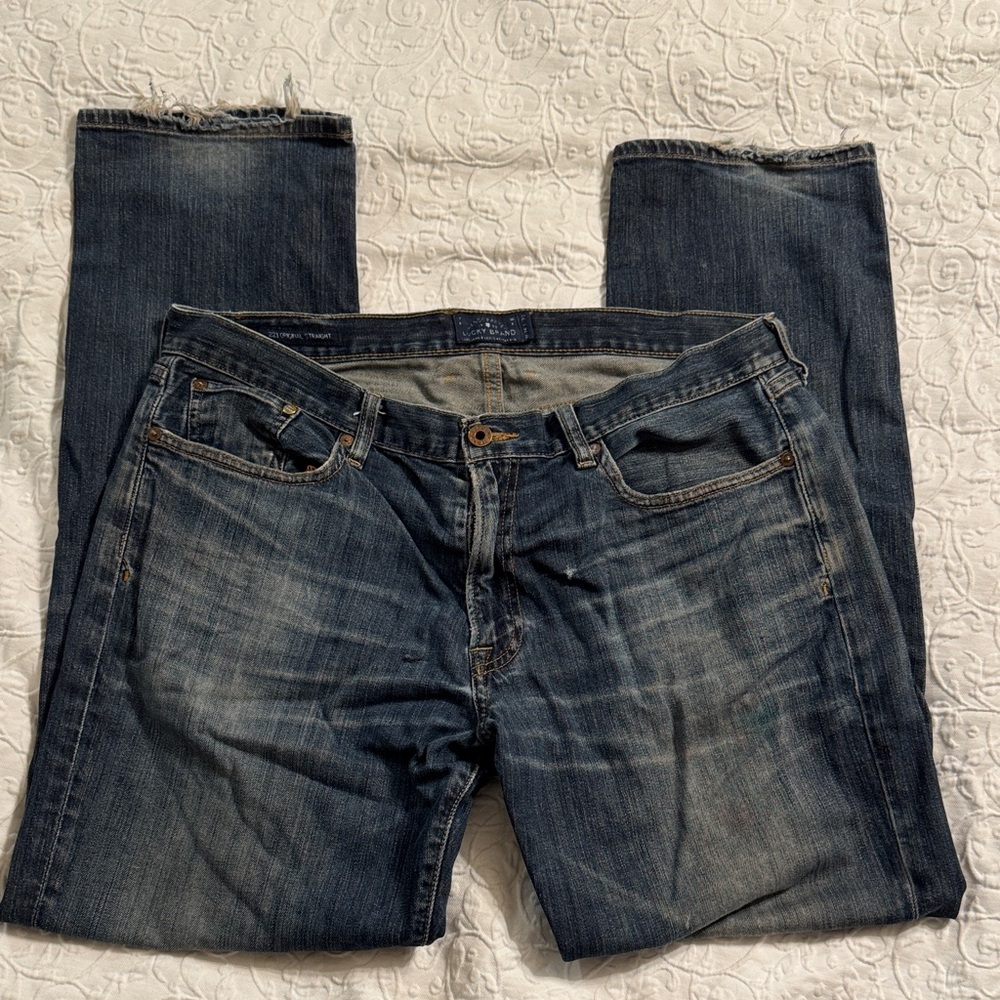 Lucky Brand Men's Dark Blue Distressed Straight Jeans, 36x32